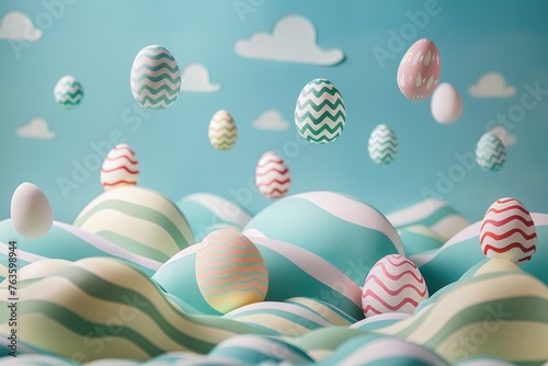 Colorful easter eggs flying in the blue sky photo