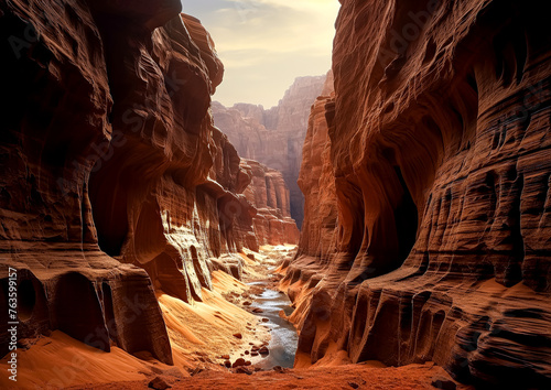 A canyon with a river running through it. The canyon is deep and narrow, with a lot of rocks and sand. The sun is shining brightly, creating a warm and inviting atmosphere