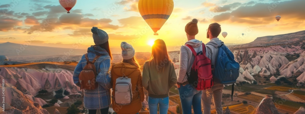 Group friends tourists in Cappadocia with backpacks watch hot air balloon with sunset, adventure Turkey Travel banner. Generation AI - obrazy, fototapety, plakaty 