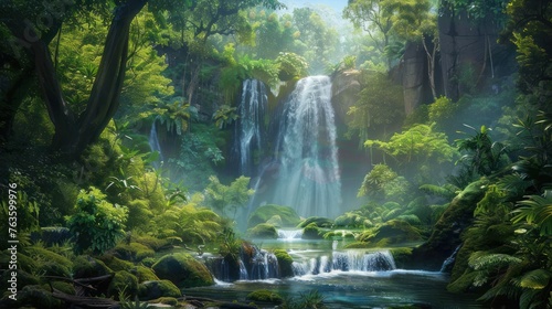 Beautiful landscape view of a waterfall in a green forest. AI generated image