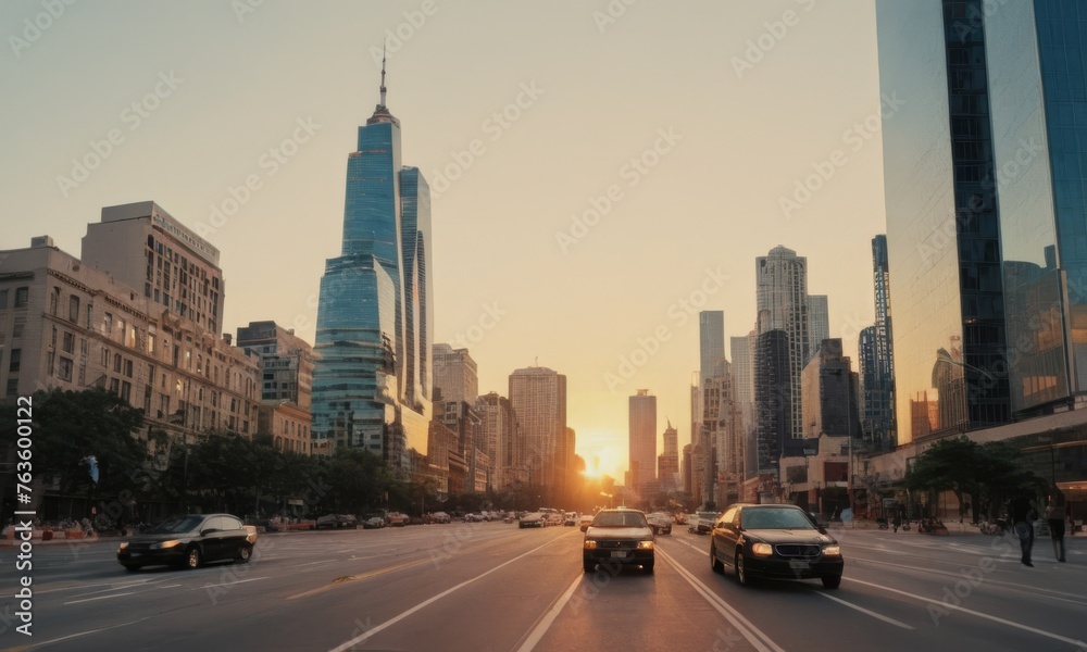 Golden hour bathes the cityscape in warm light as traffic flows smoothly along the bustling avenue. The towering skyscrapers stand as silent witnesses to the urban rush. AI generation