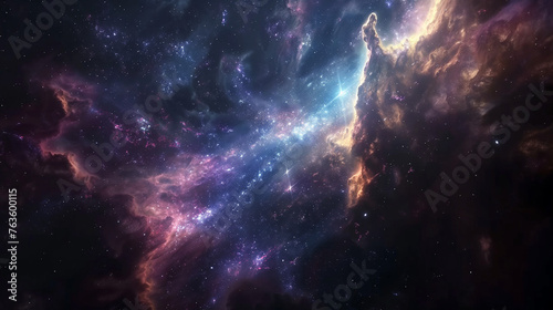 Cosmic Texture: A Celestial Stream of Violet and Golden Nebulae