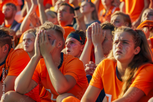 A group of male and female Dutch football fans sit in the stadium with very sad faces and distressed expression and Hands clasped together desperately over her heads after losing the game 
