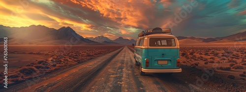 A vintage van traveling at sunset in nature on a canyon path for a road trip to adventure and freedom © JovialFox