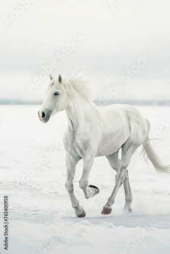 White horse galloping through snow-covered landscape, leaving a trail of hoof prints behind