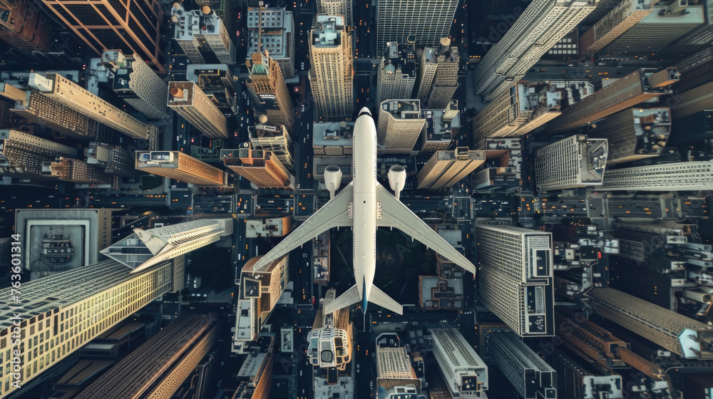 An airplane soaring above a city landscape, showcasing the aircraft flying high in the sky against the backdrop of urban buildings and infrastructure