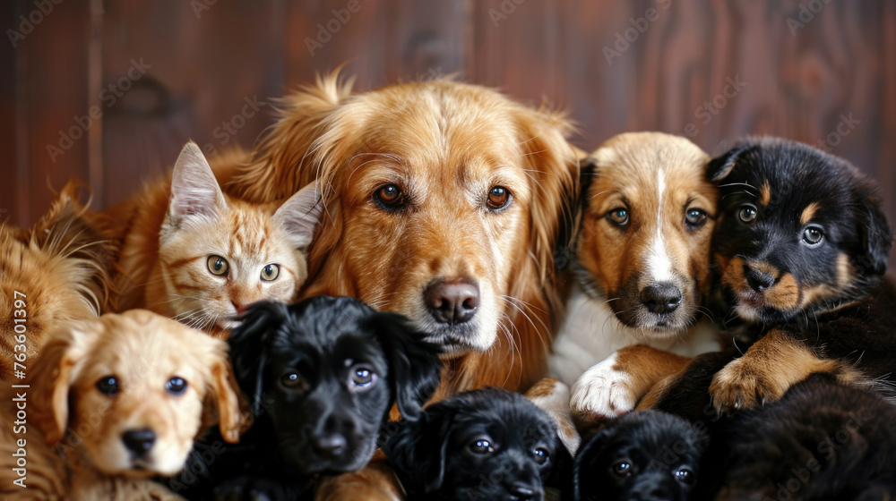 A diverse group of dogs and cats sitting side by side in a friendly manner, displaying peaceful coexistence and harmony A diverse group of dogs and cats sitting side by side in a friendly manner, displaying peaceful coexistence and harmony