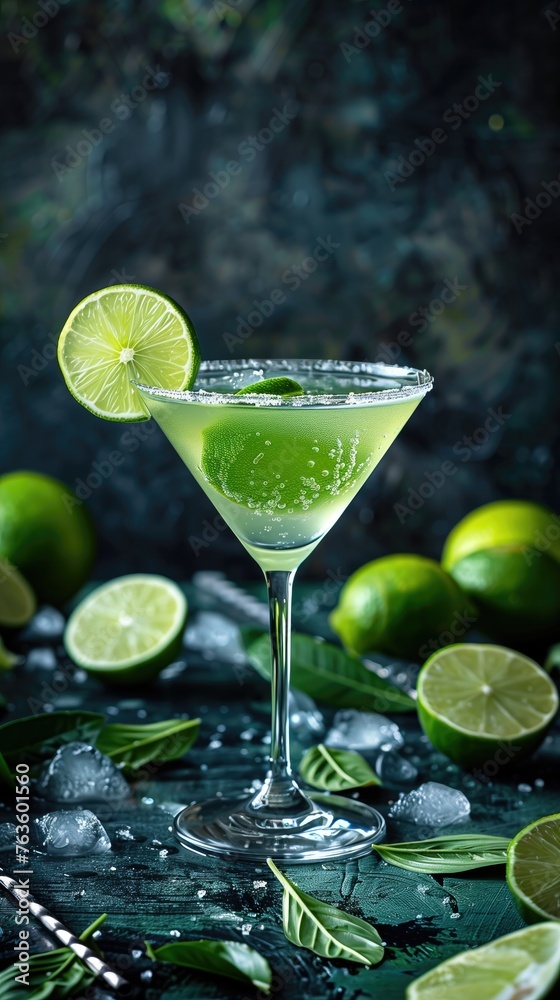 Cocktail with lime, ice and water splash on dark background Cocktail with lime, ice and water splash on dark background