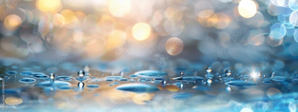 Rain drops with sun lights from above, water background with copy space for text or products, concept banner for beauty spa or beach vacation - obrazy, fototapety, plakaty 