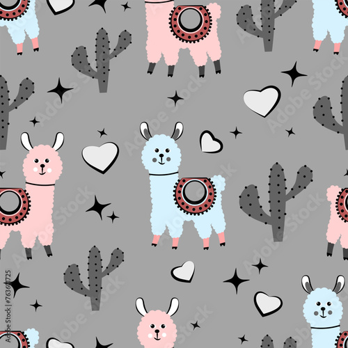 Seamless pattern with alpacas on a gray background