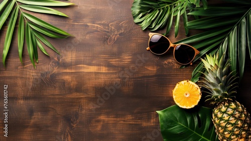 Tropical vacation top down flatlay, wooden background with copy space, sunglasses, pineapples, and tropical plants