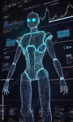 A humanoid figure is showcased with a cybernetic interface, amidst analytical data charts. The neon blue lines highlight its digital structure. AI generation