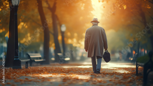 Old man in hat and carrying bag in hand, walking in park, autumn. photo