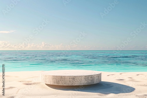 A serene summer scene with sand and tropical sea, featuring an abstract stone podium for showcasing moments or objects