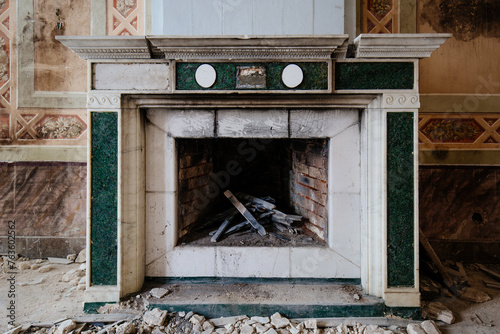 Old fireplace in abandoned mansion Pertovo-Dalnee, Moscow region
