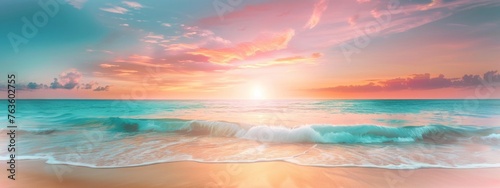 horizon sea water surface background banner. Inspire nature landscape coast. Beautiful wonderful tropical island paradise. Beach sunrise summer vacation © JovialFox
