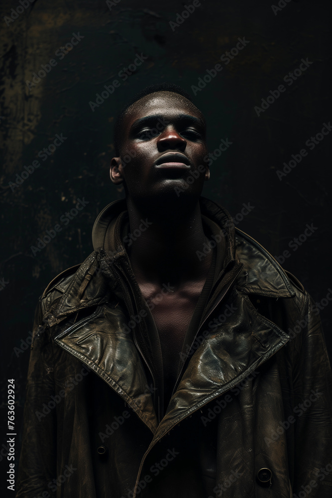 A poised young afro American man models avant-garde winter fashion with a dramatic, Leather Jacket, dark backdrop.