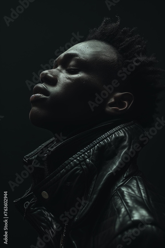 A poised young afro American man models avant-garde winter fashion with a dramatic, Leather Jacket, dark backdrop. © mshynkarchuk