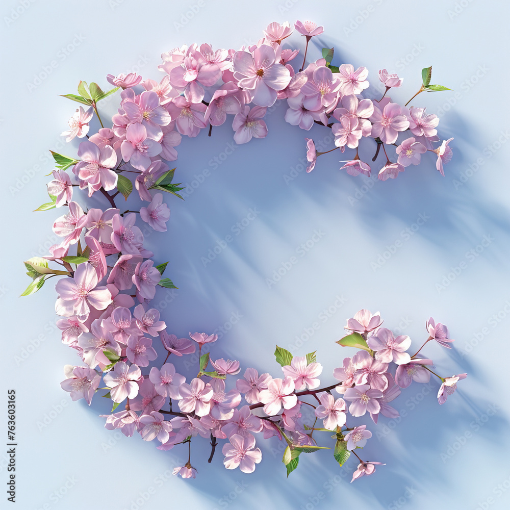 Letter C. Light fresh floral spring composition in sakura petals in beige and pink tones on blue, arrival of spring dynamic greens and sakura, attention to detail product, bokeh and particles
