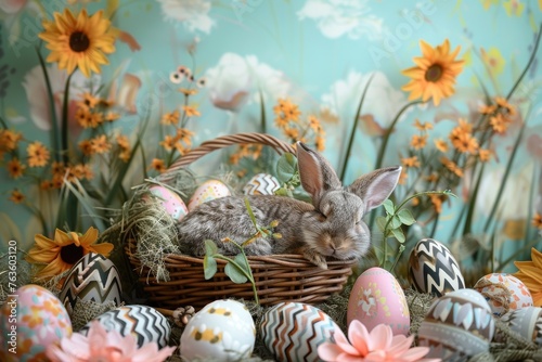 Easter bunny in basket with colorful eggs and flowers on green background