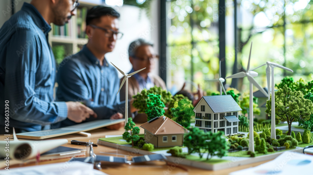 Group of people engineers discussing wind turbine mock-up, residential complex with independent power supply, ecological electricity