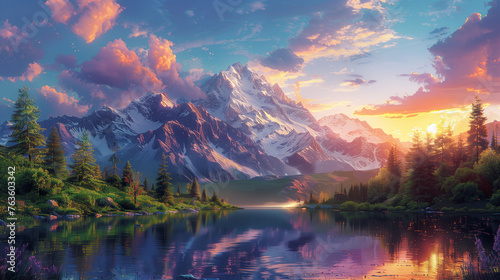 Mountain Majesty at Sunset with Reflective Lake