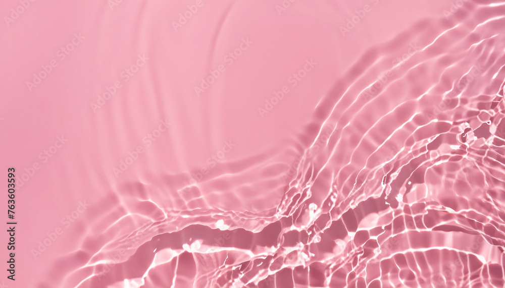 Abstract summer banner background Transparent pink clear water surface texture with ripples, splashes and bubbles. Water waves in sunlight with copy space Cosmetics moisturizer micellar toner emulsion - obrazy, fototapety, plakaty 