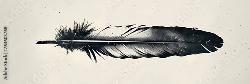 a feather printed on paper - graphic imprint.Ethnic indian black and white feathers.