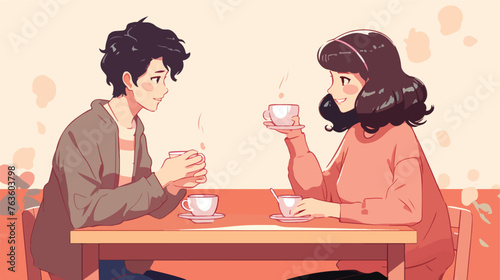 1980s anime girl and a boy having coffee at a coffe