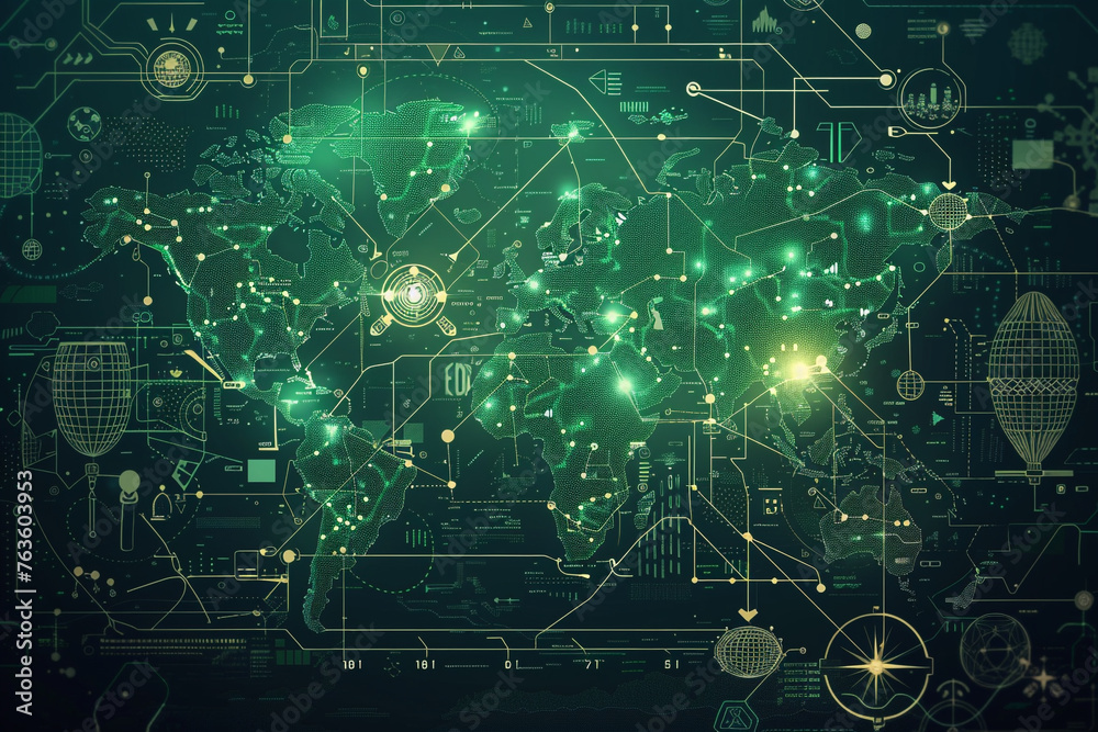Technology-themed world map on a green technological background, illuminated with symbols of global communication