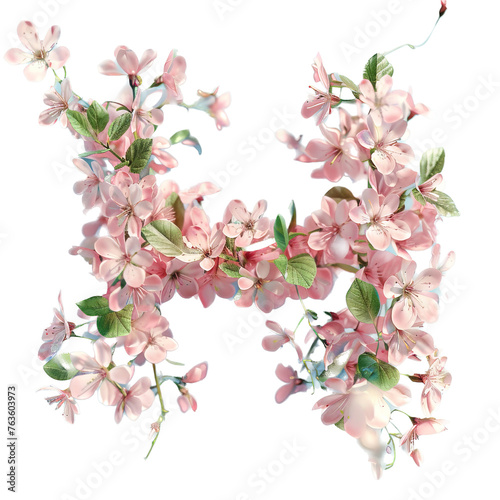 Letter H. Light fresh floral spring composition in sakura petals in beige and pink tones on blue  arrival of spring dynamic greens and sakura  attention to detail product  bokeh and particles