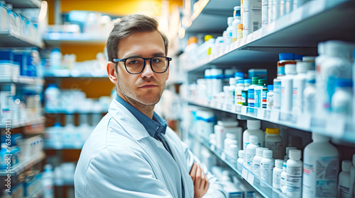 Pharmacist in White Lab Coat Working in Pharmacy photo