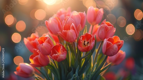 Pink tulips in pastel coral tints at blurry background, closeup. Fresh spring flowers in the garden #763604128