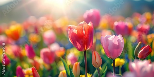 Blooming red tulips flower in the foothills of snowy mountains.