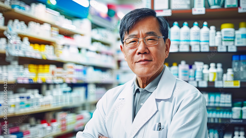 Man Sitting at Table in Pharmacy
