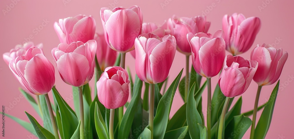 Bouquet of pink tulips on pink background. Mothers day, Birthday celebration concept. Greeting card