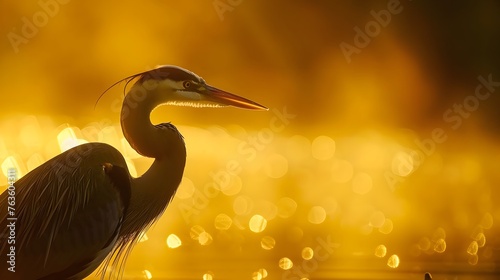 Beautiful Close Up of Great Blue Heron Against Golden, Misty Light in Pennsylvania