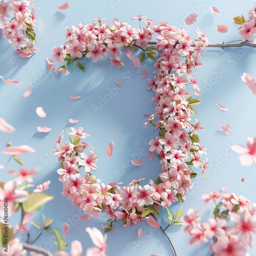 Letter J. Light fresh floral spring composition in sakura petals in beige and pink tones on blue, arrival of spring dynamic greens and sakura, attention to detail product, bokeh and particles