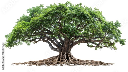 Big tree with roots and leaves isolated on white background.
