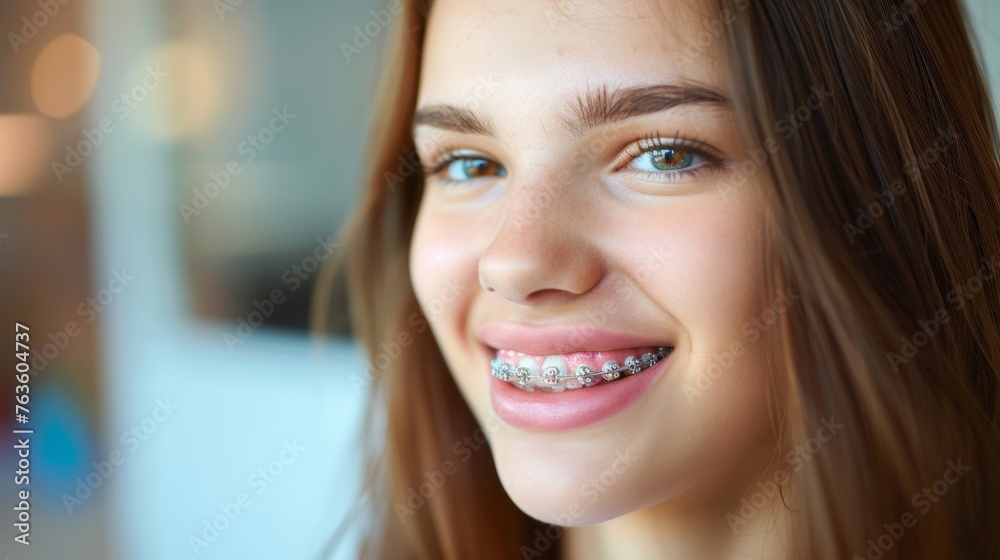 A close up of a girl with braces smiling, AI A close up of a girl with braces smiling, AI