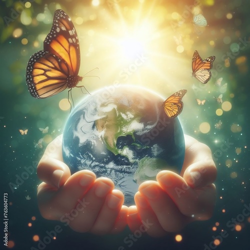 World environment day, ecology and ozone layer protection concept with woman's hand supporting earth planet under sun light flare with beautiful butterfly generative ai.	