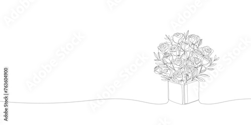 Rose flower bouquet one line drawing. Continuous line floral wedding invitation card design, natural romantic art print. Vector minimalist illustration