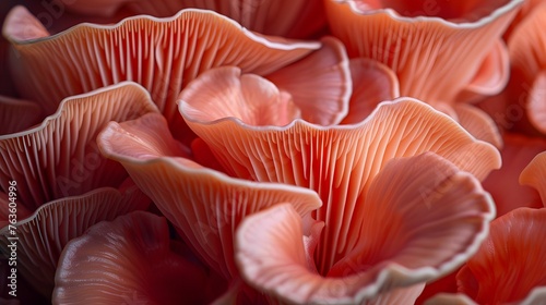 Close up of Red Oyster Mushrooms, showing the fine detail in their fins. Coral coloured.  © Ziyan