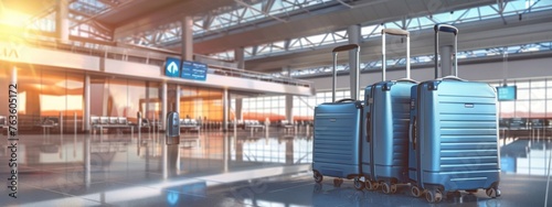 Modern stylish suitcases standing in empty airport hall terminal, unrecognizable traveller's luggage. Summer time and vacation themes. Design elements travel concept © JovialFox