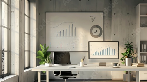 Office interior with graphs and diagrams