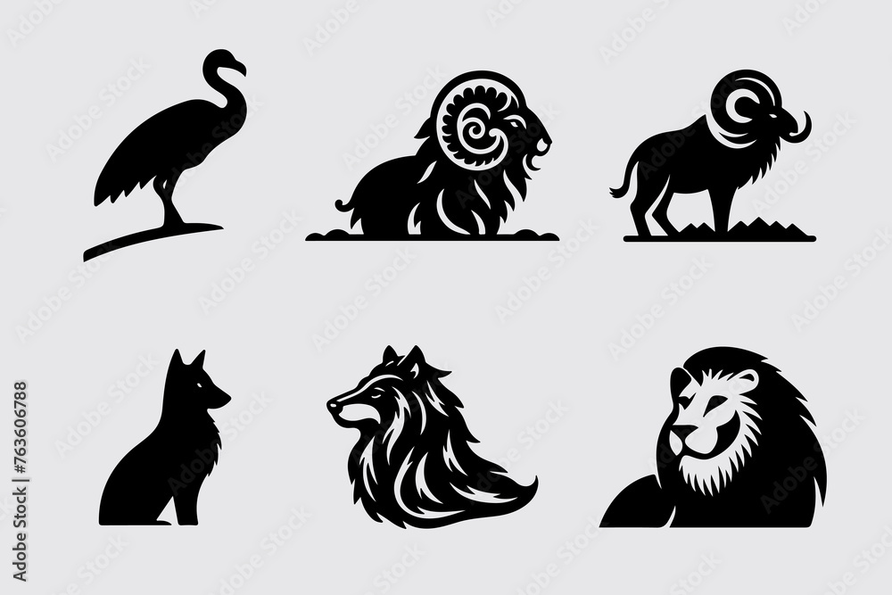 Fototapeta premium A set of animal silhouettes, including a bird, a lion, a ram, a fox, a bird, a ram, and a bird