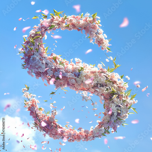 Letter S. Light fresh floral spring composition in sakura petals in beige and pink tones on blue, arrival of spring dynamic greens and sakura, attention to detail product, bokeh and particles