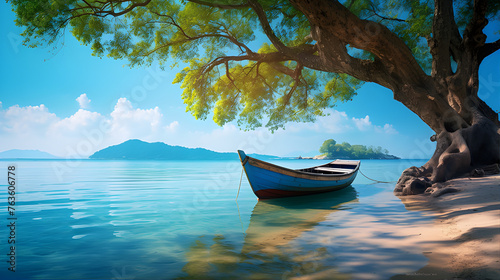 A collection of beautiful beach scenes with boats.
