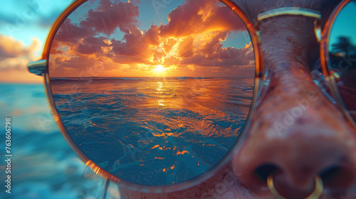 Close-Up Of Sunglasses With Fiery Sunrise Reflecting On Ocean Waves