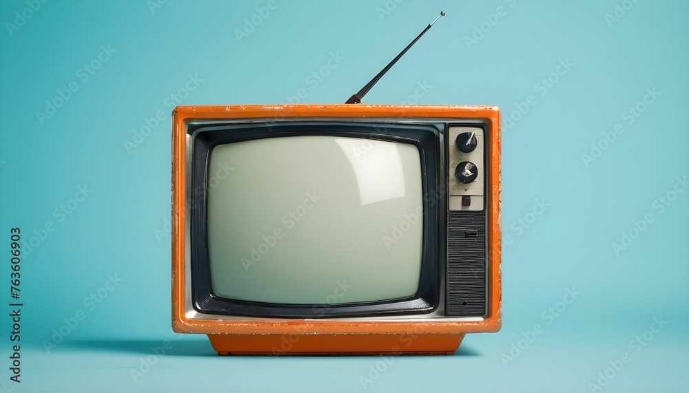 old orange vintage TV, an aquamarine blue background with copy space created with generative ai	